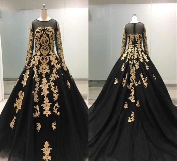 

black and gold lace ball gown evening prom dresses with long sleeves sequins tulle long hollow back applique formal gowns african 8464153, Black;red