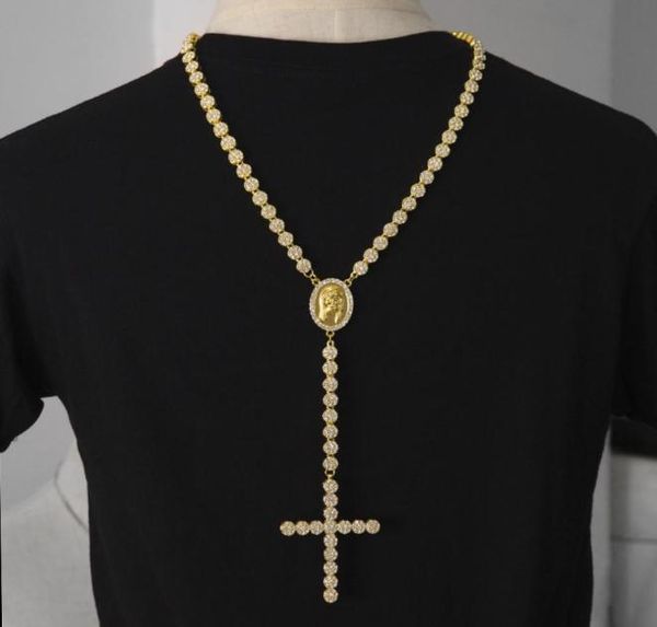 

men luxury long necklace gold silver full iced out rhinestones jesus face with big cross pendant necklace rosary punk jewelry5027485