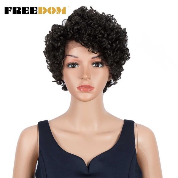 

women kinky curly synthetic lace wigs for black women natural bouncy curly short lace wigs high temperature hair 230524, Black;brown