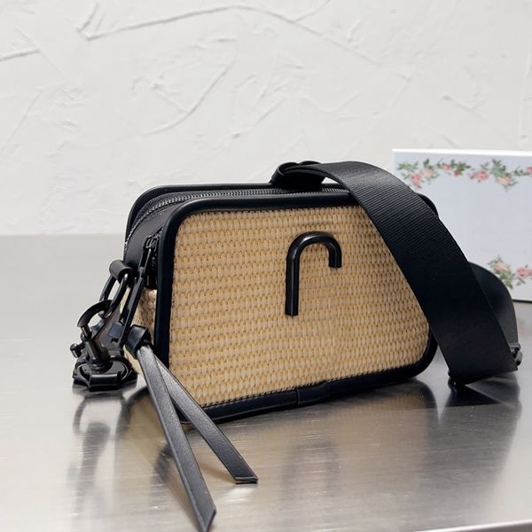 

straw camera bag women hollow out cross body bags fashionable double zipper closure designer handbags detachable woven wide shoulder strap f