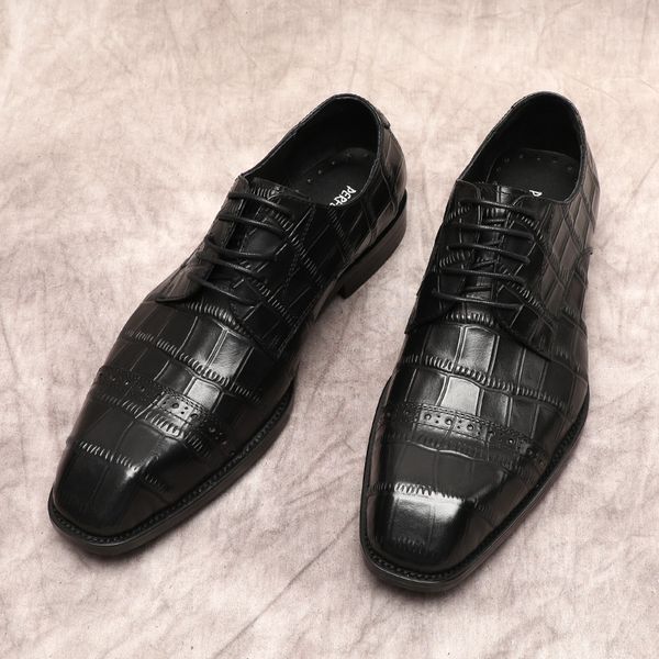 

luxury oxford shoe for men genuine cow leather crocodile pattern dress shoes man black brown lace up men formal square head shoe