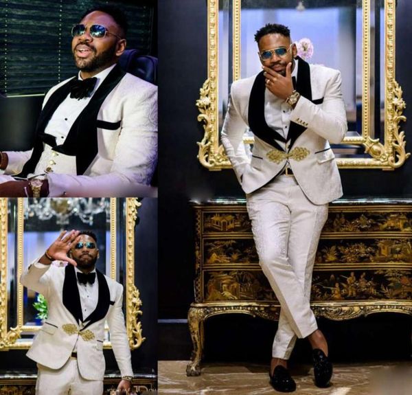 

new arrivals one button white groom tuxedos black shawl print lapel groomsmen man suits mens wedding suits jacketpantsvest1095197, Black;gray