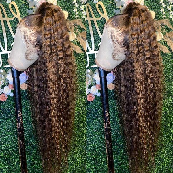 

30 34 inch highlight wig human hair ombre curly water wave front wigs for women honey blonde colored hd deep wave frontal wig, Black;brown