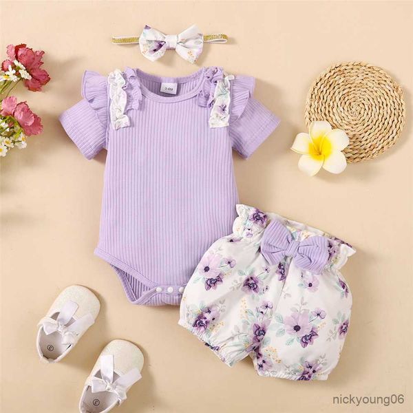

clothing sets baby girl clothes set purple short sleeve romper and flowers shorts with headband summer outfit, White