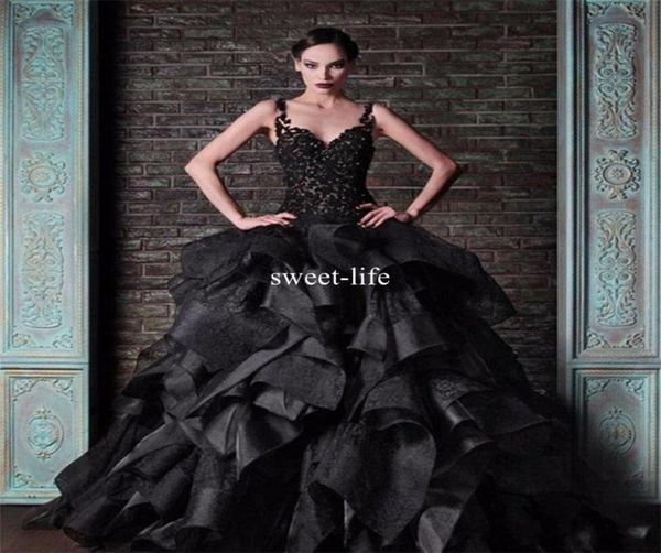

rami kadi black 2019 ball gown wedding dresses spaghetti straps vintage lace ruffles satin puffy gothic bridal formal dress weddin6176347, White