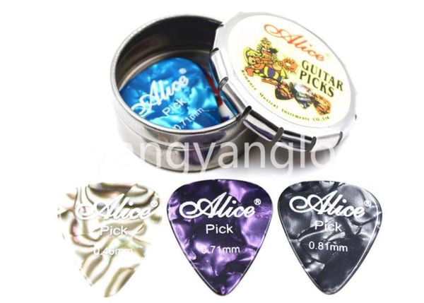 

alice small round metal pick holder case box with 12pcs pearl celluloid guitar picks 9870373