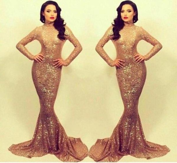 

new arrival sparkly gold sequined high neck mermaid prom dresses long sleeves evening wear women pageant gowns dresses custo2902530, Black