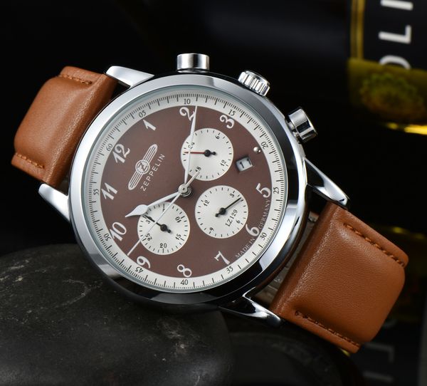 

2023 men's watch zeppelin classic six hands with date leather strap business fashion watch gift watch luxury, Slivery;brown