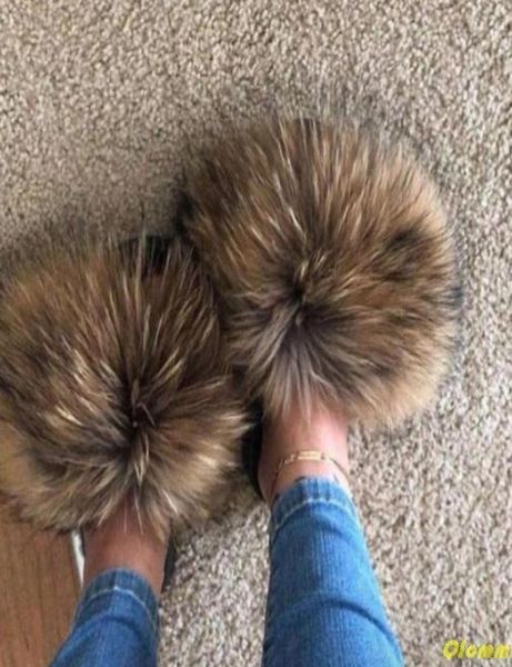 

test real fox fur slides summer beach fluffy slippers 100 raccoon flip flops sandals shoes whole 02272590565, Black