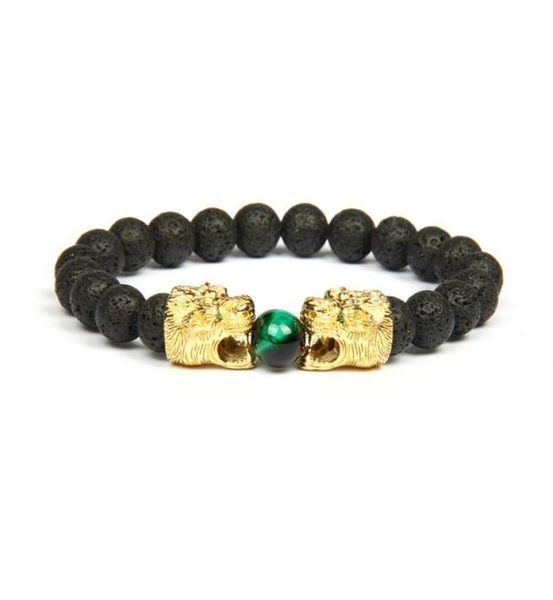 

new men jewelry double leopard lion tiger head bracelet with 8mm natural stone beads beaded bracelets bangle for gift2161208, Black