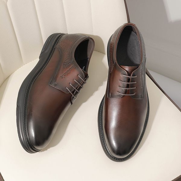 

round toe leather shoes mens 2021 seasons fashion all-match business casual formal wear shoes men lace-up oxfords, Black