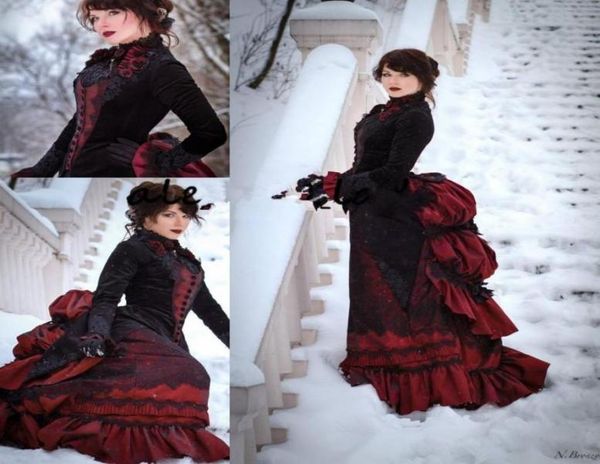 

vintage black burgundy gothic wedding dresses long sleeve victorian walking costume bustle skirt and velvet jacket bride gowns9478115, White
