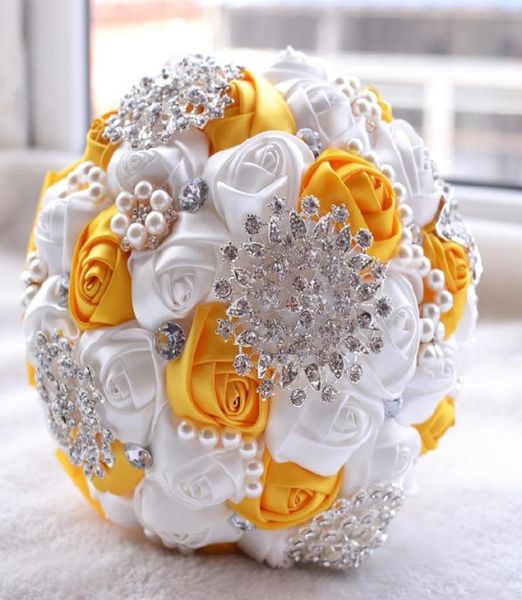 

silk rose bridal bouquet wedding accessories brooch crystal pearl handmade wedding bouquet holding flowers white and yellow3801728