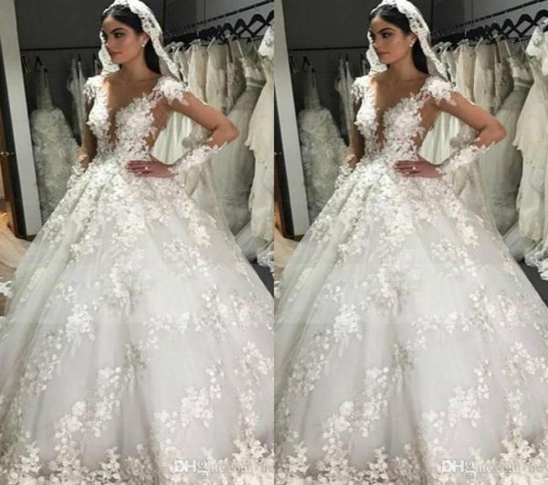 

luxury lace ball gown wedding dresses sheer jewel long sleeve bridal gowns floor length vintage plus size wedding dress custom mad9862481, White
