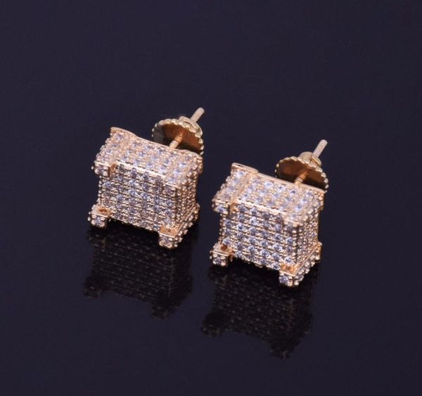 

10x10mm mens zircon earring hip hop style copper material iced bling cz square stud earrings screwback fashion jewelry9025188, Golden;silver