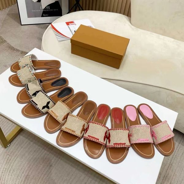 

designer sandals women sandal outdoor banquet slides pp straw summer leather embroidery slippers multicolor flat slipper letter beach slide, Black