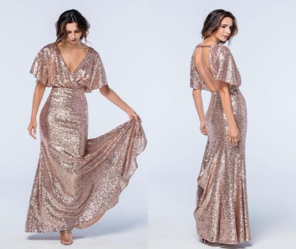 

sparkle rose gold sequins mermaid evening dresses v neck short sleeves floor length backless evening gowns formal dresses7412433, Black;red