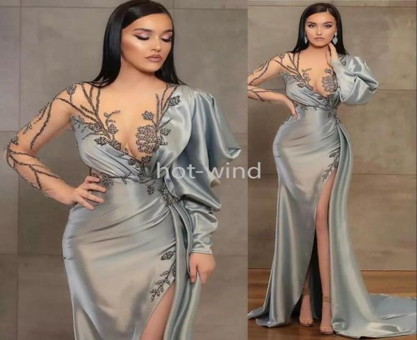 

silver sheath long sleeves evening dresses wear illusion crystal beading high side split floor length party dress prom gowns 1506156, Black;red