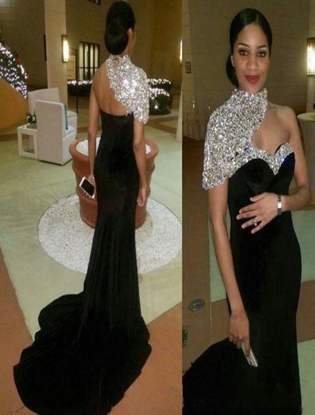 

sparkly velvet evening dresses formal gowns high neck one shoulder chapel train long mermaid prom dresses ballkleider6841540, Black;red