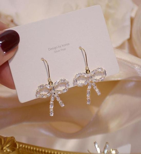 

dangle chandelier 14k real gold full diamond zirconia women bowknot earring cz long design drop wedding jelwery pend3098070, Silver