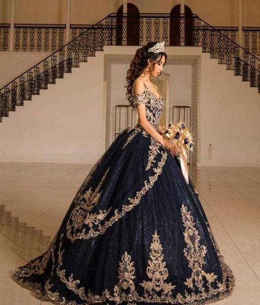 

2021 navy blue bling quinceanera dresses ball gown off shoulder gold embroidery lace crystal beads sequined sweet 16 vestido 5952847, Blue;red