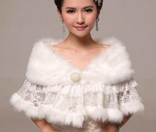 

whole lace faux fur woman shawl cape stole with pearl button bridal wraps winter wedding bridal shrug wrap cape for bride brid2734564, White
