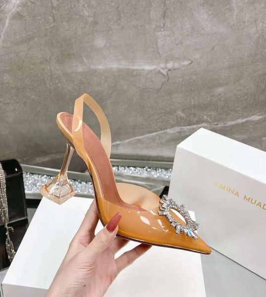 

amina muaddi sandals luxury designer dress shoes crystal diamond decoration transparent pvc wine cup heels, Black