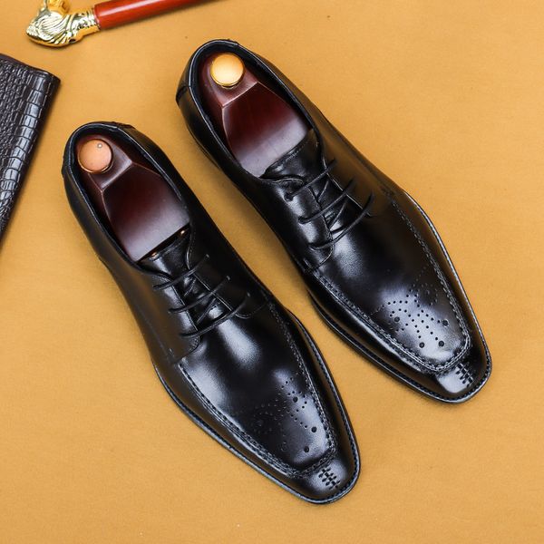 

luxury brand men oxford shoes lace up square head black brown fashion men dress shoes wedding office real leather mens shoes