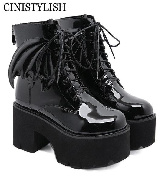 

goth ankle boots high heels patent leather womens shoes on platform demonia boots punk gothic model angel wing new fashion7126674, Black