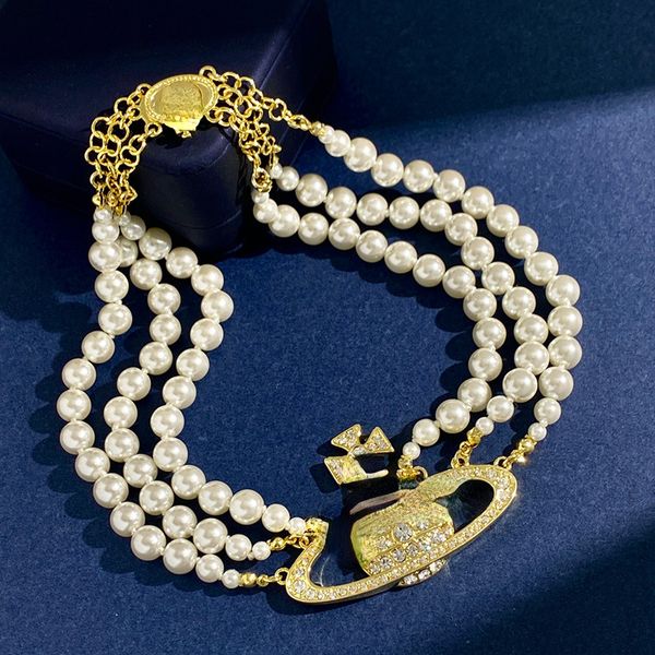 

fashion pendant pearls necklaces vintage hepburn style with three layers of diamonds, Silver