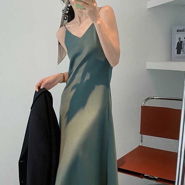 

acetic acid satin french sling dress women spring and summer 2023 temperament medium length underlap skirt a, Black;gray