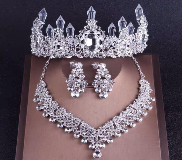 

crown necklace earring set wedding bridal headpieces white crystal pillar rhinestones woman fashion accessories matching party pro9321891, Silver