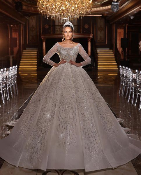 

luxury ball gown wedding dresses long sleeves v neck sequins applique ruffles bridal gowns beaded 3d lace diamonds zipper plus size custom m, White