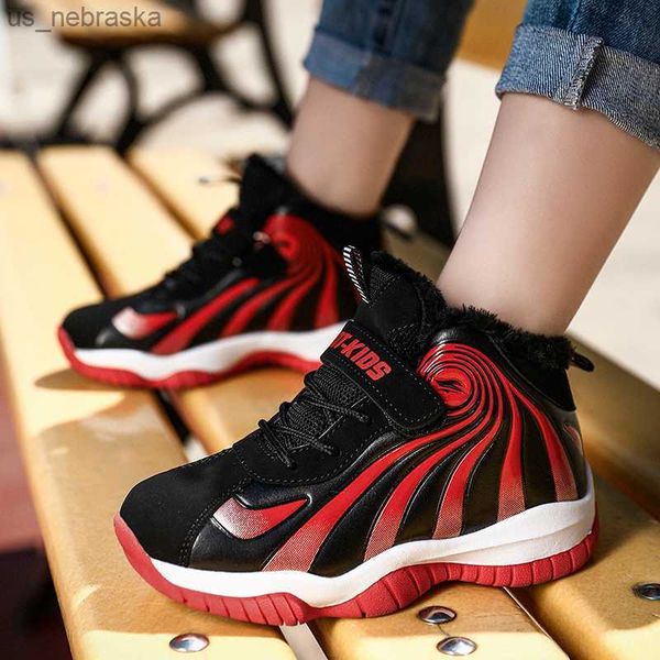 

athletic outdoor leather plush cotton children's shoes kids basketball shoes winter children's sneakers boys girls warm cotton win, Black