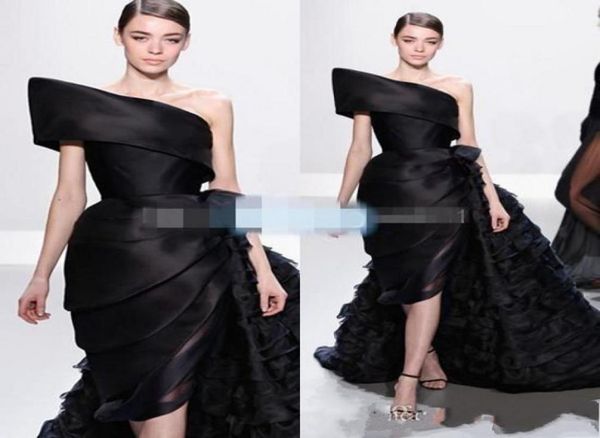 

black runway fashion evening dresses one shoulder pleats chapel train custom made celebrity prom gowns ruffle skirt party dress5653233, Black;red
