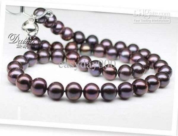 

new fine pearl jewelry rare tahitian 910mm south sea round black purple pearl necklace 19inch silver clasp7167476