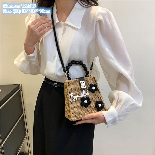 

factory wholesale ladies shoulder bags 2 colors sweet stereotypes straw hard box handbag summer holiday straw beach bag wool crochet fashion