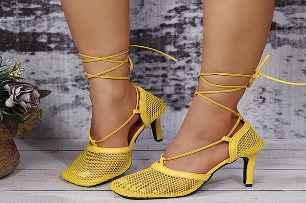

sandals women summer ankle strap mesh close toe laceup female high heels breathable fashion women039s stiletto shoes2843628, Black