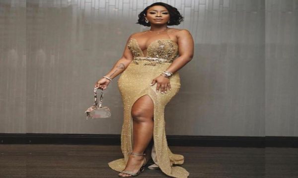 

aso ebi arabic gold mermaid african evening dresses beaded crystals prom dress high split formal party wear7544137, Black;red