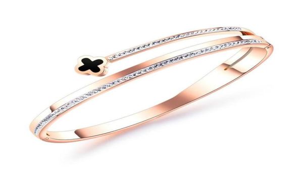 

super glittering fashion luxury designer diamond zircon lovely lucky leave rose gold titanium steel bangle bracelet for woman girl5201224, Black