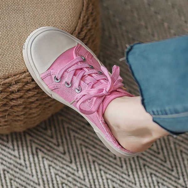 

su yinyin grape mom 2023 summer new baotou half trailer canvas shoes for women's worn out one step breathable casual shoes, Black