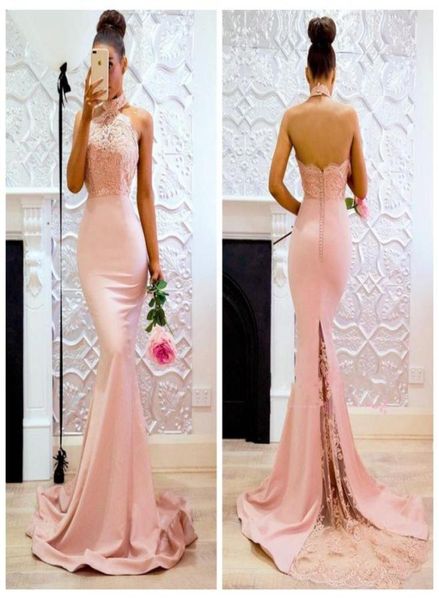 

elegant mermaid pink halter prom dresses 2018 backless lace evening gowns sweep train bridesmaid dress8181908, Black