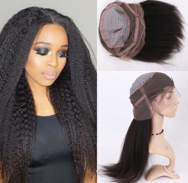 

selling 150180 density peruvian glueless coarse yaki pre plucked 360 lace wig kinky straight 360 lace frontal wigs human hai4202329323748, Black;brown