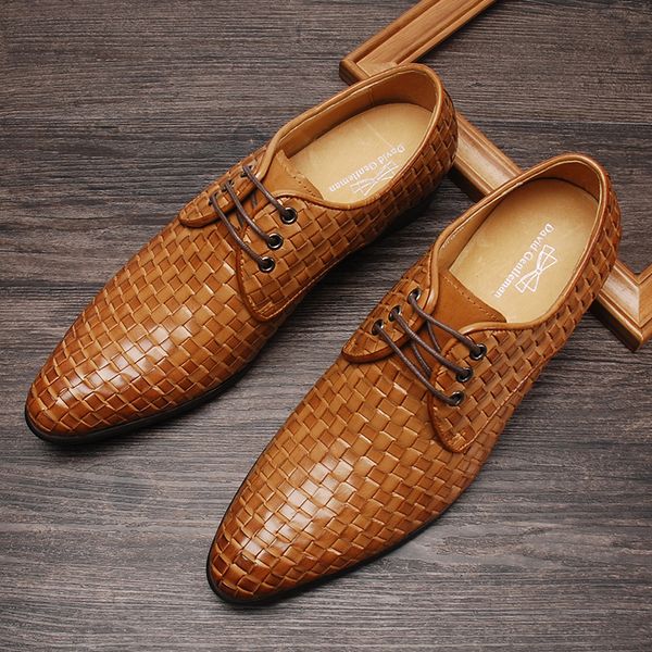 

fashion braid mens dress shoes wedding genuine leather oxford shoe man black brown lace up pointy formal leather shoes for men