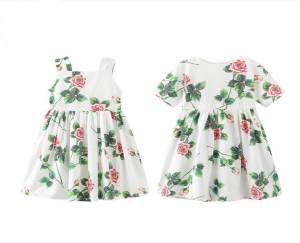 

retailwhole baby girls floral printed short sleeve and vest dresses kids ruffle pleated princess dress children designer bout2771300, Red;yellow