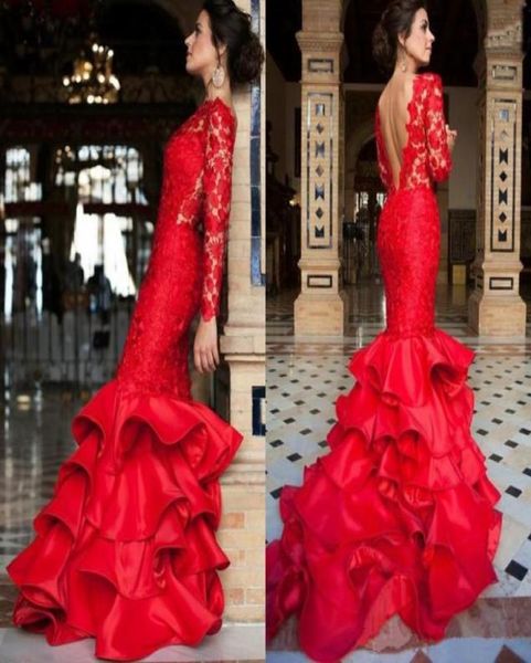 

tiered mermaid evening dresses 2019 long sleeves red lace open back prom formal gowns1416466, Black;red