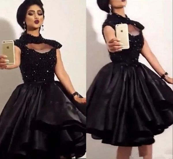 

sparkling little black short prom dresses high neck capped sleeves beaded a line evening cocktail party gowns graduation dress