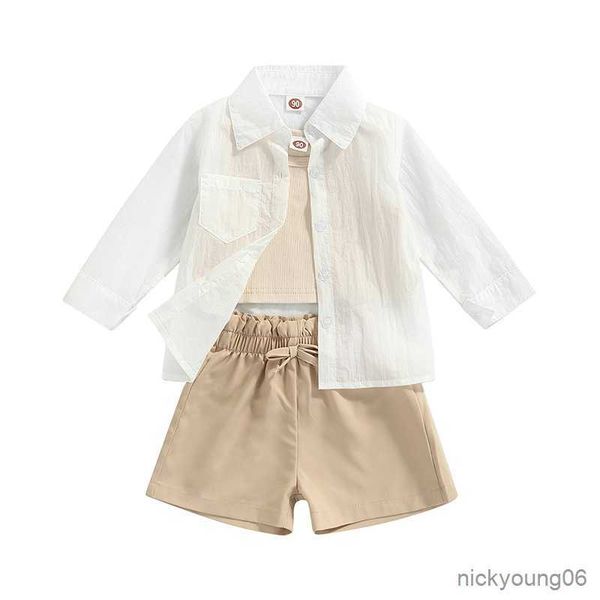 

clothing sets girl summer set children kid fashion long sleeve sheer sunscreen coat and ribbed tank shorts, White