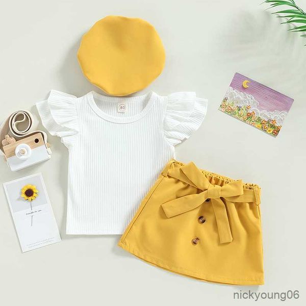 

clothing sets girls set summer kids clothes short sleeve t-shirt button belt skirt hat children outfits, White