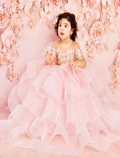 

2022 pink sheer neck flower girl dresses pearls ball gown tiers tulle lilttle kids birthday pageant weddding gowns zj5165119876, White;blue